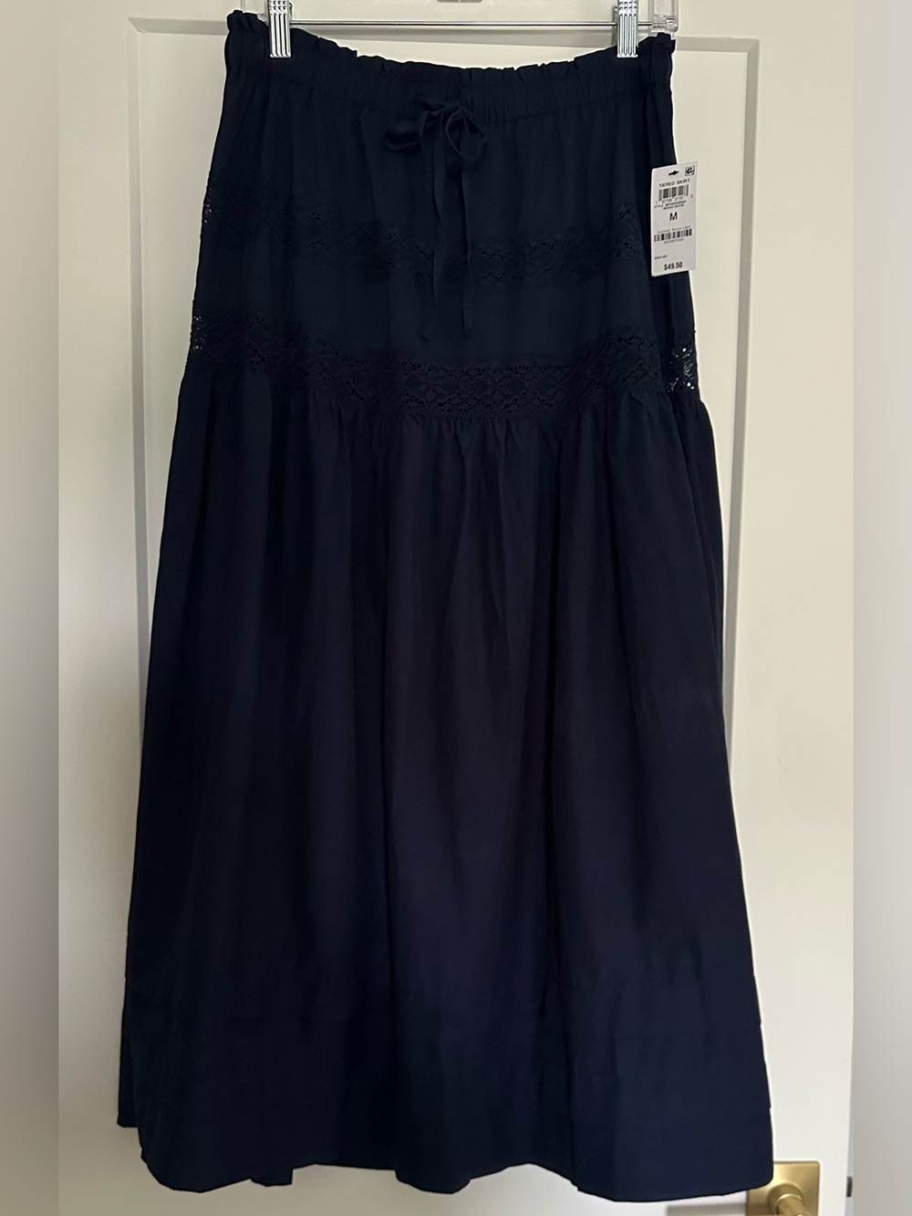 NWT And Now This Boho Tie-Waist Lace Inset Navy Maxi Skirt-Medium - Picture 3 of 10